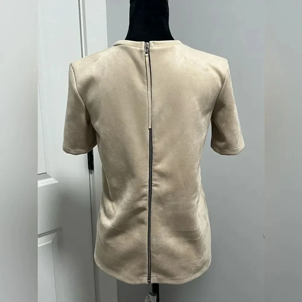 Zara Camel faux suede top with full back zipper short sleeves size Small - Picture 4 of 7